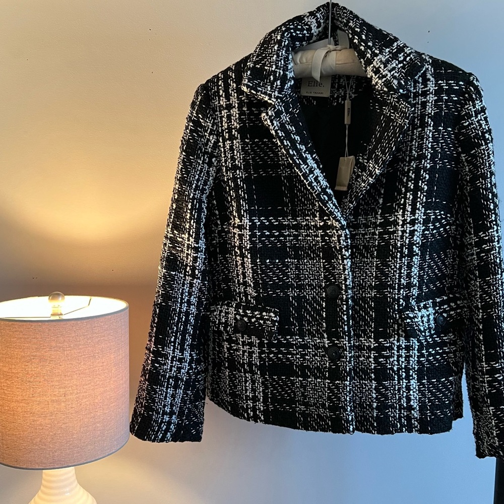 ELIE TAHARI Black and White Plaid Tweed Blazer Jacket - Picture 2 of 10
